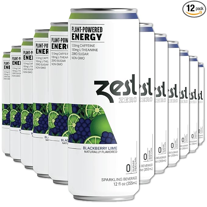 Zest Clean Energy Drink – Blackberry Lime – Zero Sugar, 0 Calories – 120mg Caffeine + 100mg L-Theanine for Focus, Energy & Concentration – Healthy Zero Sugar Energy Drink – 12oz Can, 12 Pack - Bloomnest
