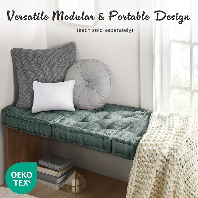 Intelligent Design Azza Floor Pillow, Large Cushions Sitting for Adults, Floor Pillow for Meditation or Yoga, Lustrous Chenille Tufted with Scalloped Edges for Bench/Chair Cushion, 20"x20"x5" Aqua