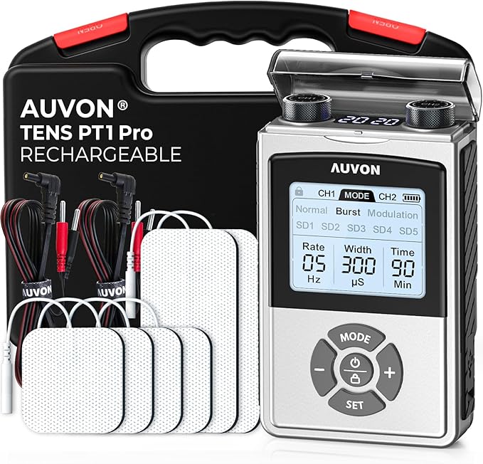 AUVON Rechargeable Digital TENS Unit Muscle Stimulator with 600 mAh Battery, TENS Machine with 8 Customizable Modes, Electric Massager for Shoulder, Back Pain Relief, 6 TENS Pads, A Carry Case AUVON