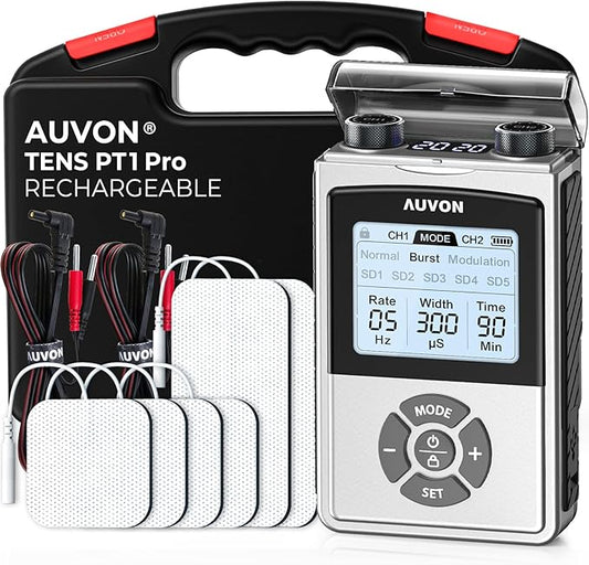 AUVON Rechargeable Digital TENS Unit Muscle Stimulator with 600 mAh Battery, TENS Machine with 8 Customizable Modes, Electric Massager for Shoulder, Back Pain Relief, 6 TENS Pads, A Carry Case AUVON
