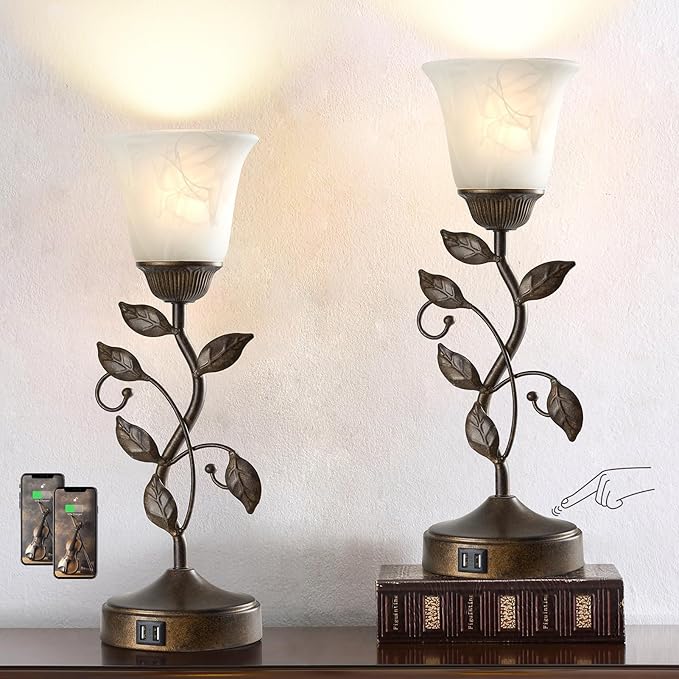 RORIANO Set of 2 Touch Farmhouse Bedroom Table Lamps, Nightstand Vintage Flower Lamps with 2 USB Ports, 3 Way Dimmable Leaf Lamp for Living Room with White Glass Shades, Bulbs Included - Bloomnest