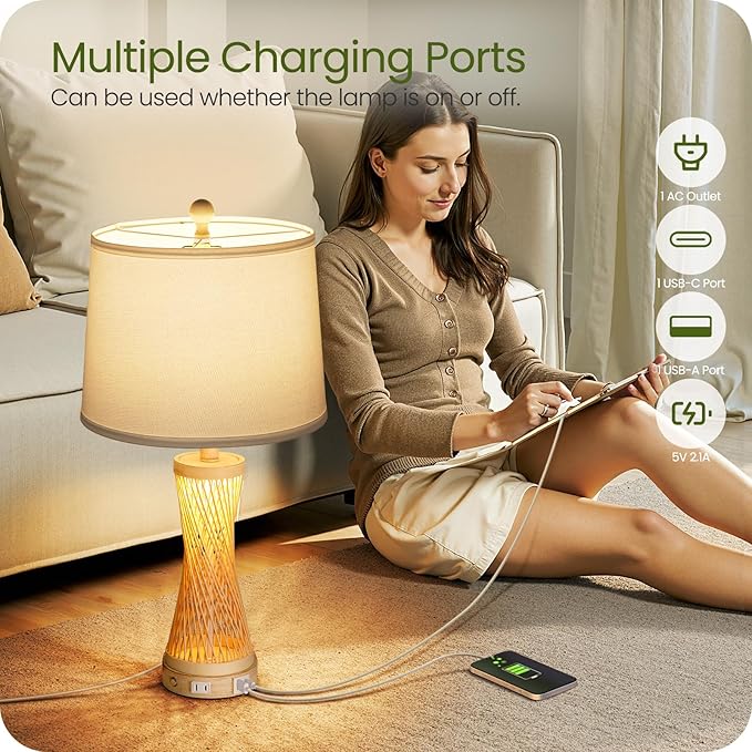 24.4”Farmhouse Rattan Table Lamps Set of 2, Touch Bedside Lamps for Bedroom with 3-Way Dimmable Night Light, USB A+C Charging Ports, Bamboo Boho Nightstand Lamps, White, W04TC05 - Bloomnest