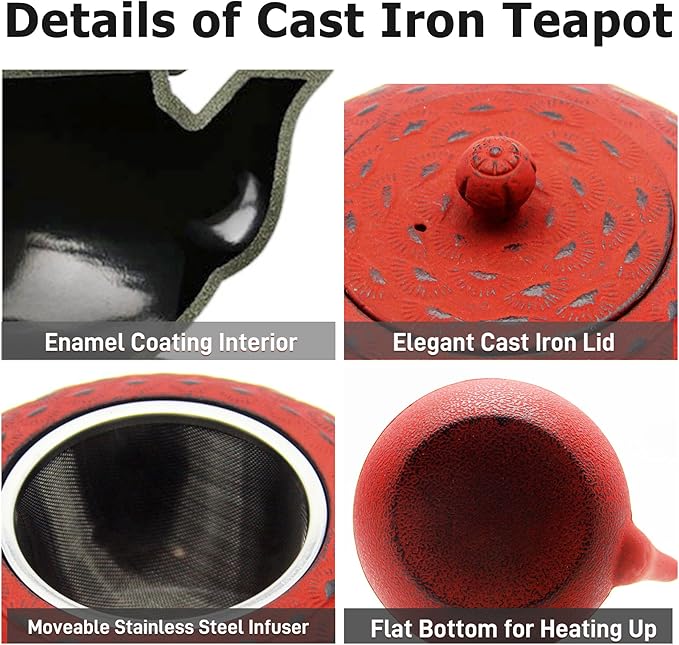 YJX 60.9 fl oz Cast Iron Teapot, Large Tea Kettle for Stove Top, Red Tea Pot with Stainless Steel Infuser for Loose Tea, 1.8L Japanese Enameled Metal Teapot - Bloomnest