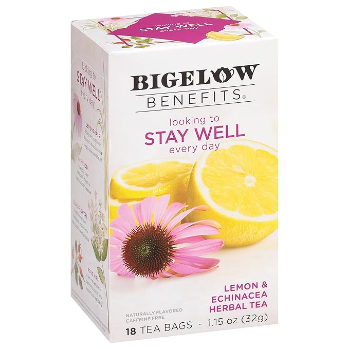 Bigelow Benefits Stay Well Lemon and Echinacea Herbal Tea, Caffeine Free, 18 Count (Pack of 6), 108 Total Tea Bags - Bloomnest