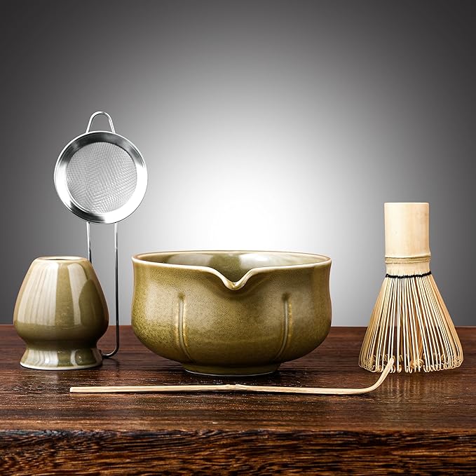 Matcha Whisk Set – 5 Piece Japanese Matcha Tea Set w/Ceramic Matcha Bowl, 100-Prong Bamboo Whisk & Holder, Scoop, & Stainless Sifter – Traditional Matcha Making Kit (Mottled Green) - Bloomnest