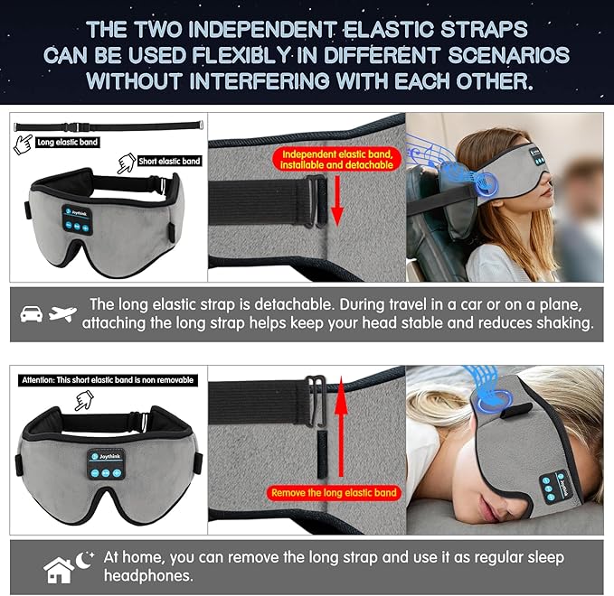 Joythink Sleep Headphones Headband Sleep Mask Eye Mask 3D Deep Bluetooth for Sleeping Blackout Washable Music Eye Cover with Speaker Microphones Gray - Bloomnest