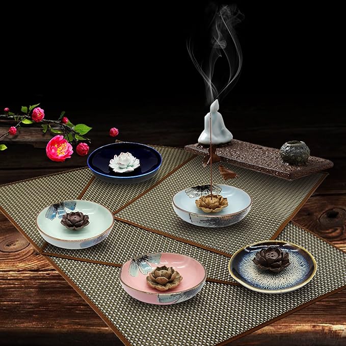 TrendBox Ceramic Handmade Artistic Incense Holder Burner Stick Coil Lotus Ash Catcher Buddhist Water Lily Plate - Three Holes Transmutation Glaze - Bloomnest