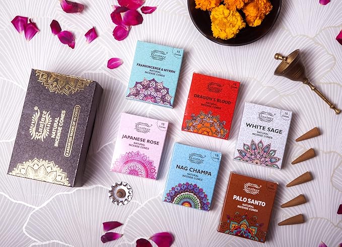 Raajsee Natural Incense Cones,6 Pack Mixed Scents Gift Pack 15 pc Each (90 Total), Insense Cones Variety Pack, 100% Organic Non Toxic Natural - Hand Rolled Free from Chemicals (Pack 2) RAAJSEE