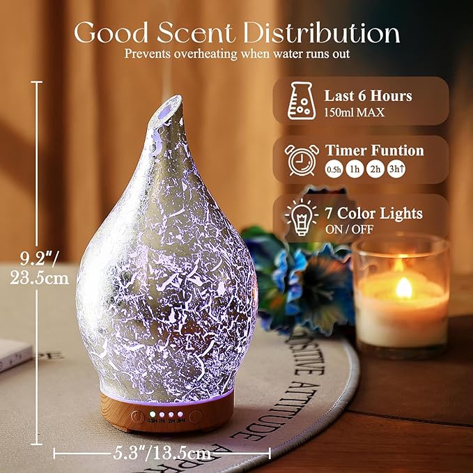 Porseme Essential Oil Diffuser Glass Aromatherapy Ultrasonic Humidifier, Air Refresh Auto Shut-Off, Timer Setting, BPA Free for Home Hotel Yoga Leisure SPA Gift 150ml Last 6H - Bloomnest
