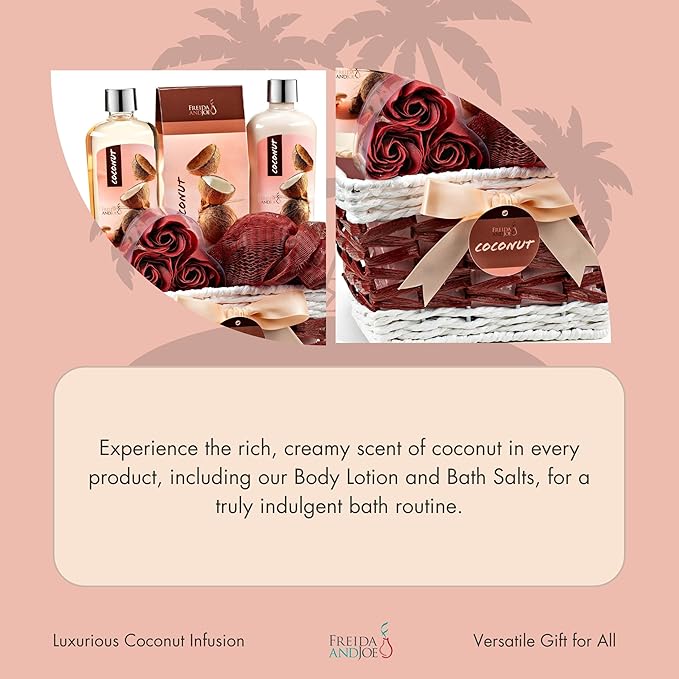 Coconut Spa Valentines Gift Basket Bath & Body Set with Shower Gel, Body Lotion, Bath Salts, Soap Flowers, Bath Sponge in a Wicker Basket (Pink & Brown Set) - Bloomnest