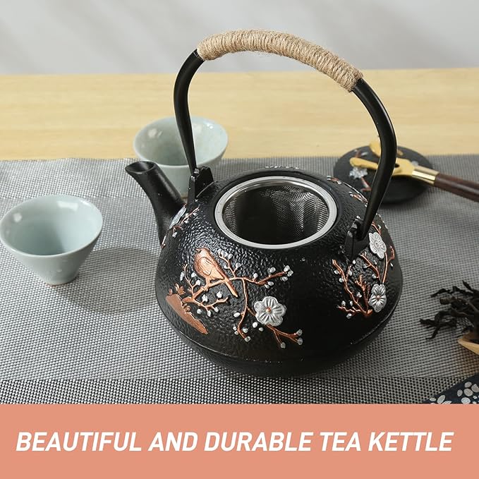 Cast Iron Teapot SECHUDO Teapot for Stovetop Safe Coated with Enameled Interior,Japanese Beautiful Tea Kettle with Stainless Steel Infuser for Loose Tea (40.6oz/1200ml) - Bloomnest