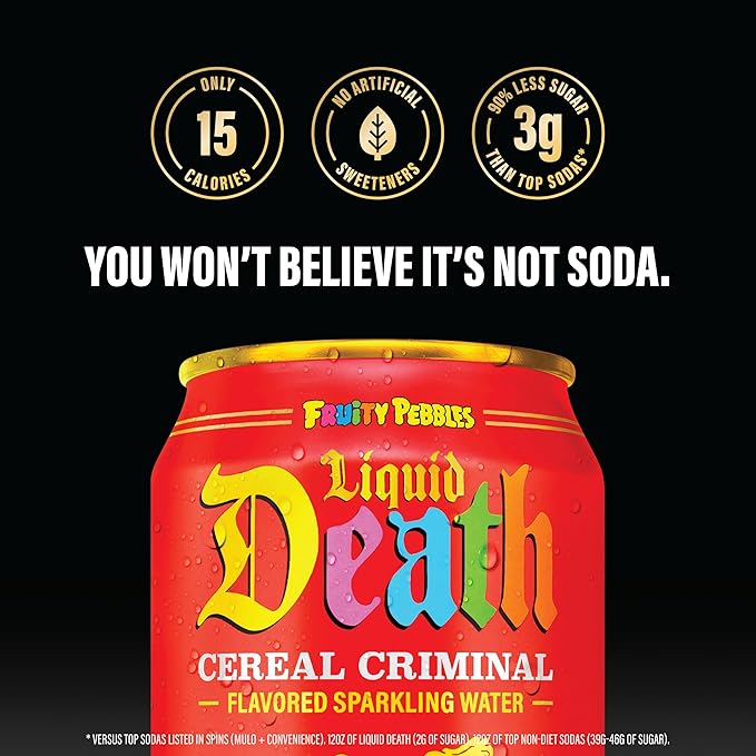 Liquid Death Soda-Flavored Sparkling Water - Cereal Criminal (Fruity Pebbles, Cream), Less Sugar*, Huge Flavor, No Caffeine, No Artificial Sweeteners, 12 Fl Oz (Pack of 12) - Bloomnest