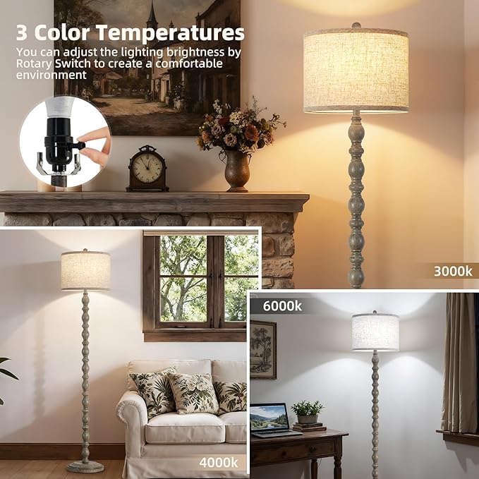 62" Floor Lamps for Living Room,3 Color Temperature Retro Standing Lamp, Vintage Farmhouse Floor Lamp with Rotary Switch, Rustic Resin Tall Lamps for Living Room, Bedroom, Office, Corner(Light Gray) - Bloomnest