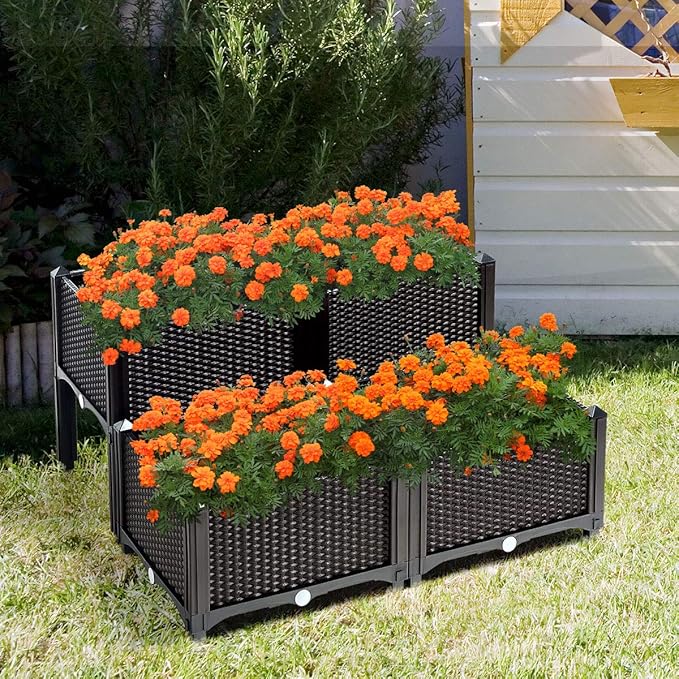 S AFSTAR Raised Garden Bed Kit, Set of 4, Elevated Planter Boxes with Self-Watering Design & Removable Legs, Outdoor Plastic Planter Box for Patio Yard Balcony Gardening, Rattan Pattern (Brown) - Bloomnest