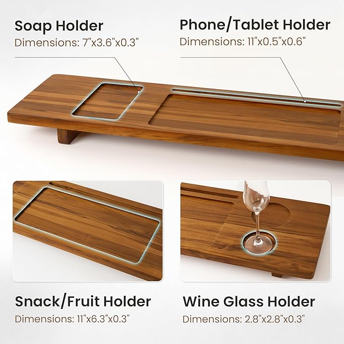 Teak Bathtub Tray - Wood Bath Caddy Tray 35" for Large Tubs - Adjustable Bathtub Table Trays - Luxury Shower Organizer for Home Spa Relaxation and Reading - Light Walnut Color - Bloomnest