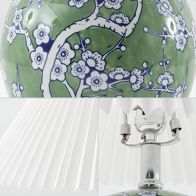 JONATHAN Y JYL5056A Shishen 19.5" Cottage Classic Chinoiserie Ceramic Orb LED Table Lamp with Pleated Shade, Green/White for Bedroom, Living Room, Kitchen, Home Office, Kids Room - Bloomnest