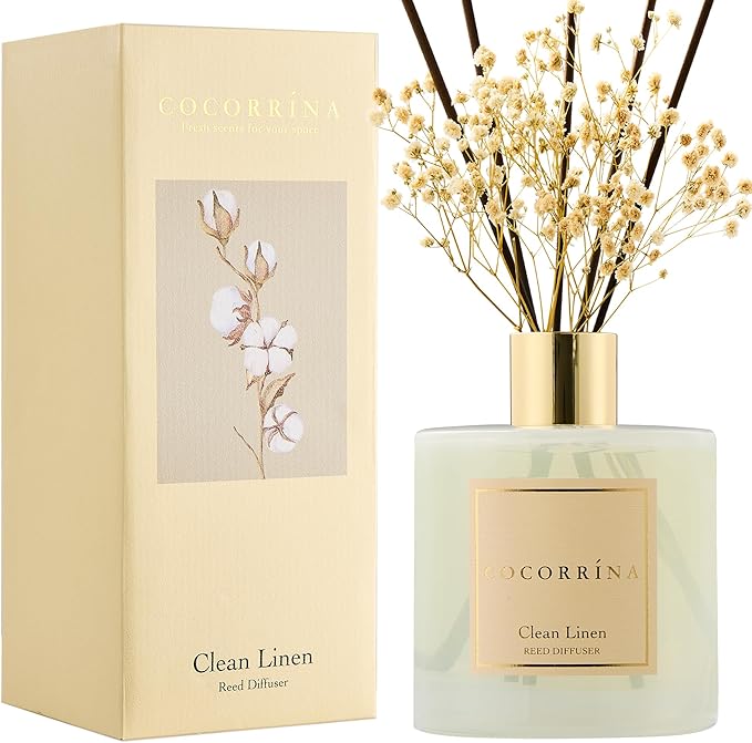 COCORRÍNA Reed Diffuser - Clean Linen 17 Fl.oz Reed Diffuser with 8 Sticks Scented Diffuser with Preserved Flowers for Bathroom Home Decor - Bloomnest