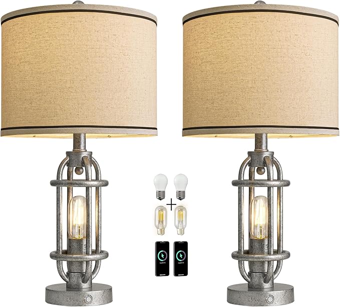 23.75'' Table Lamps Set of 2 for Living Room Bedroom Industrial Farmhouse Metal Touch Lamps with USB A+C Ports, Night Light Vintage Nightstand Bedside Lamp, Bulbs Included, Antique Silver - Bloomnest