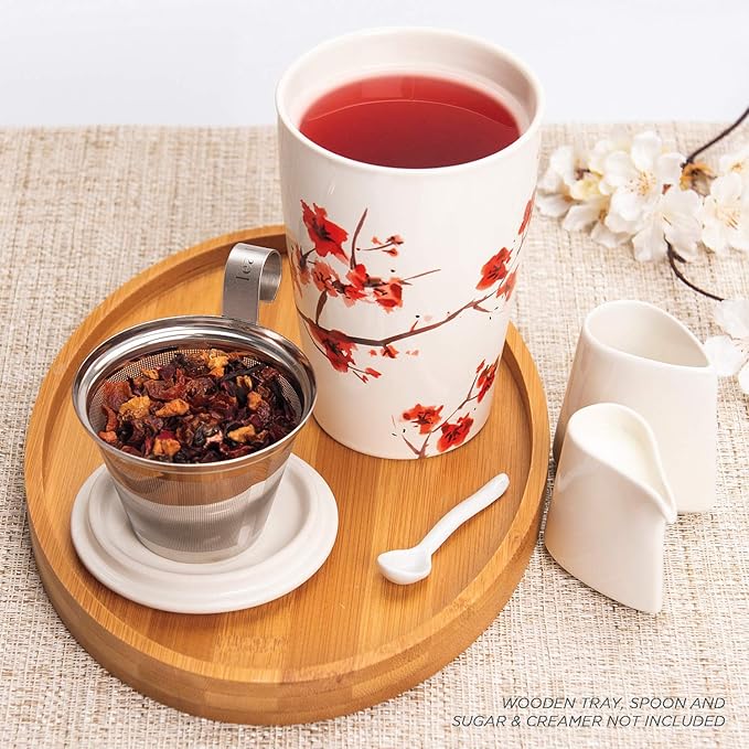 Tea Forte Double-Walled Ceramic Kati Cup, Removable Stainless Steel Infuser Basket and Lid, Steeps 12 oz Loose Leaf Tea, Dishwasher & Microwave Safe, Cherry Blossom - Bloomnest