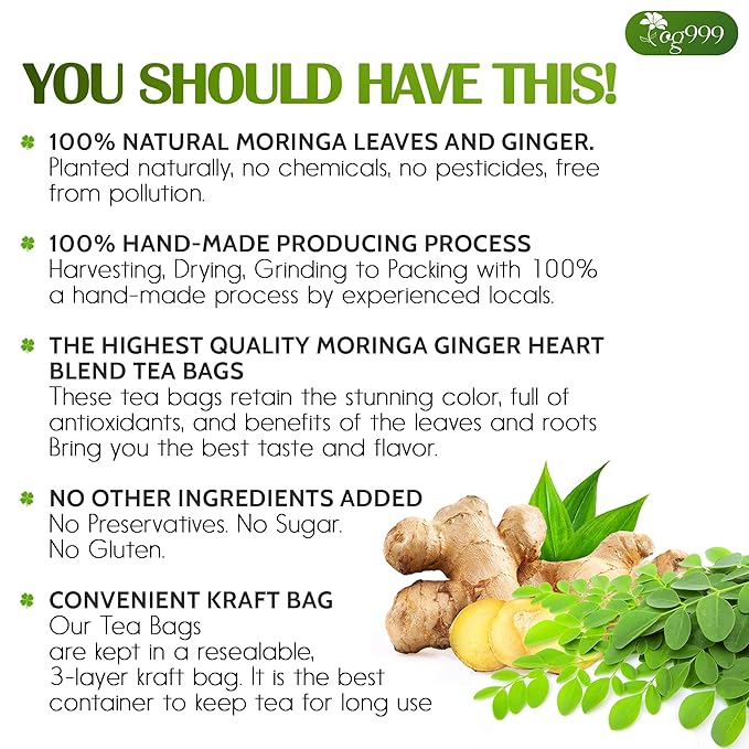 TOG999, Permium Moringa Ginger Herbal Tea – 60 Tea Bags – Caffeine-Free, Smooth & Warming Blend – Pure Ingredients, Sustainably Sourced. No Sugar. No Gluten. Vegan. - Bloomnest