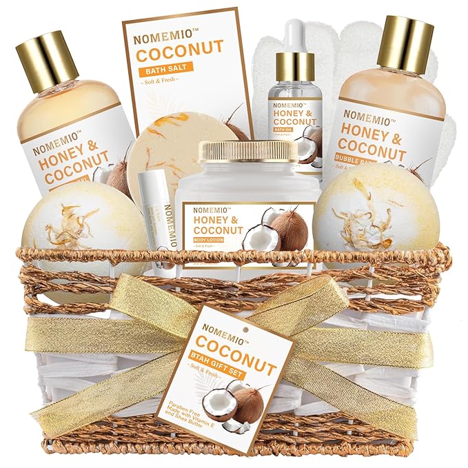 Valentine's Day Gift Baskets, Spa Gift Basket for Women, 11pcs Honey & Coconut Luxury Bath Gift Set, Spa Kit with Shower Gel, Bubble Bath, Bath Bombs , Beauty Gifts for Her, Women, Mom Birthday - Bloomnest
