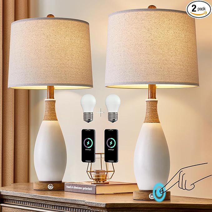 OYEARS 24.5” 3-Way Dimmable Touch Control Bedside Table Lamp Set of 2 with USB and Type-C Charging Ports Modern Farmhouse Nightstand Lamp for Bedroom Living Room (Bulb Included) - Bloomnest