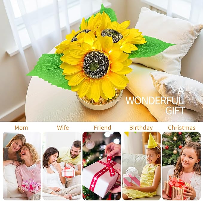 Flower Lamp with USB Charge,3-Colour Infinitely Dimmable Artificial Sunflower LED Table Lamp,Rechargeable Cordless Touch Small Night Light,Gift Ideas for Mothers Day,Xmas,Birthday (Sunflowers02) - Bloomnest
