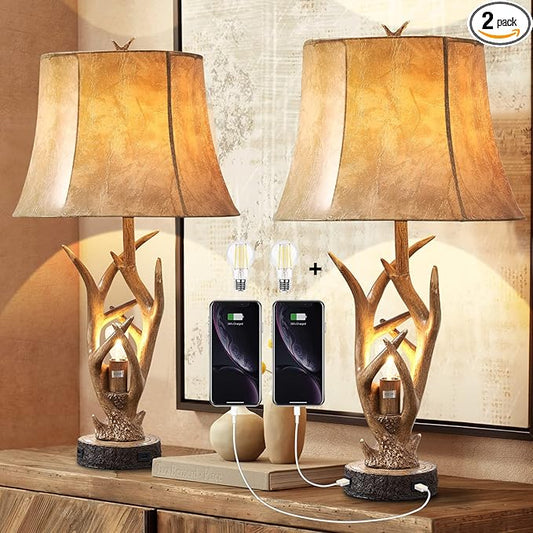 Dungoo Rustic Western Deer Table Lamps with Nightlight Set of 2, 26" Rustic Bedside Lamps for Bedroom with 2 USB Ports, Natural Antler Table Lamp for Christmas Living Room Foyer Office - Bloomnest