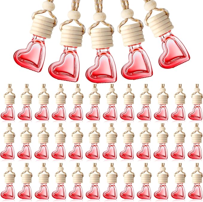 BBTO 50 Pcs 6ml Hanging Car Air Freshener Car Diffuser Bottle Empty Glass Perfume Heart LoveFreshener Bottle Diffuser Pendant Valentine's Day Essential Oil Fragrance Aromatherapy Decor (Red) - Bloomnest