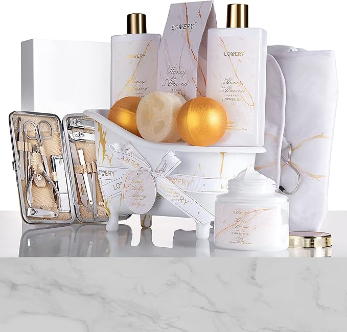 Gifts for Mom, Gift Basket, Spa Gifts For Women, 31Pc Self Care Kit, Stress Relief Gift, Birthday, Thank You, Honey Almond Bath and Body Gift - Toiletry Bag, Nail Kit, Bath Bombs & More
