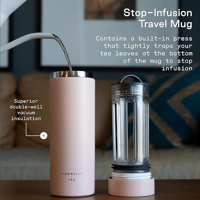 Firebelly Tea, Travel Tea Infuser Mug with Strainer, Insulated Tumbler for Loose Leaf Tea or Coffee, Leakproof Bottle for Hot or Iced Drinks, Stainless Steel Thermos with Lid, Salmon