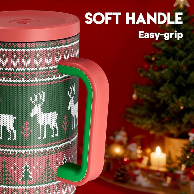 Meoky 40 oz Christmas Tumbler with Handle and Straw, Xmas Tumbler with Lid and Straw, Insulated Stainless Steel Travel Mug, Christmas Gifts for Women Men Adults (Jolly Reindeer) - Bloomnest