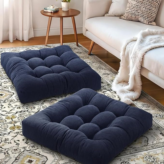 Floor Pillow Cushions for Adults Sitting Large Big Pillows for Floor Seating Square Memory Foam Thick Tufted, 22 x 22 Inch, Set of 2, Navy Blue - Bloomnest