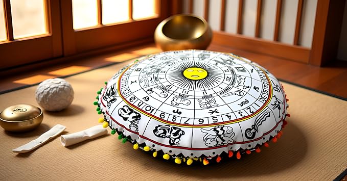 CRAFT KALA Large Round Bohemian Floor Pillow Pouf Cover Mandala Meditation Room Pillow Cover for Adults Boho Seating Poufs Cushion Cover for Kids Playroom 32" Round Yellow and White Zodiac - Bloomnest