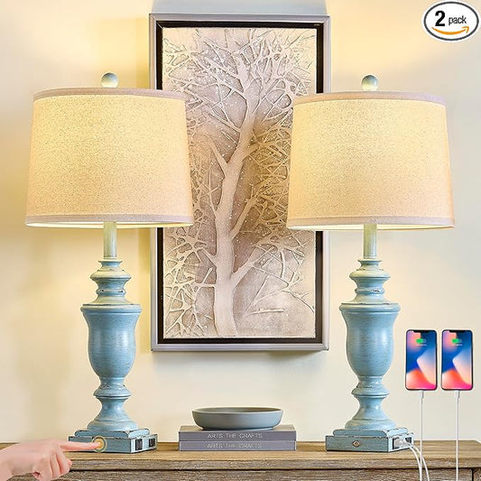 27.5" Set of 2 Farmhouse Table Lamps for Bedroom, 3 Way Dimmable Bedside Lamp with 2 USB +AC Outlet Nightstand Lamps for Living Room Resin Rustic Touch Lamps(Antique Blue) - Bloomnest