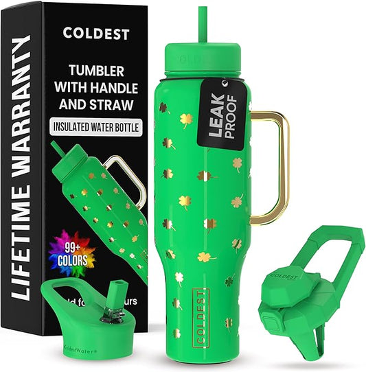 Coldest Tumbler with Handle and Straw - 100% Leak Proof Insulated Tumbler with Lid and Straw (3 Lids) - Stainless Steel Tumblers for Women & Men - Cup Holder Friendly Base, 46 oz (Lucky) - Bloomnest