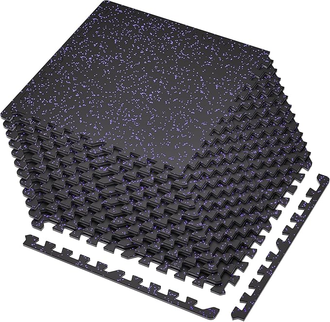 SUPERJARE 0.4'' Thick 12 Pcs 48 Sq Ft Rubber Top Exercise Equipment Mats, High Density EVA Foam Mats with Rubber Top, Interlocking Gym Flooring for Home Gym, Protective Workout Mat, Black/Purple - Bloomnest