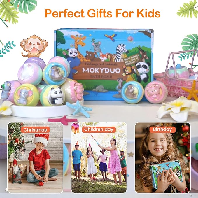 Bath Bombs for Kids with Surprise Inside,12-Pack Natural Organic Kids Bath Bombs with Endangered Animals Toys, Fun & Educational Gift, Ideal Birthday,Christmas,Children's Day Gifts kit - Bloomnest