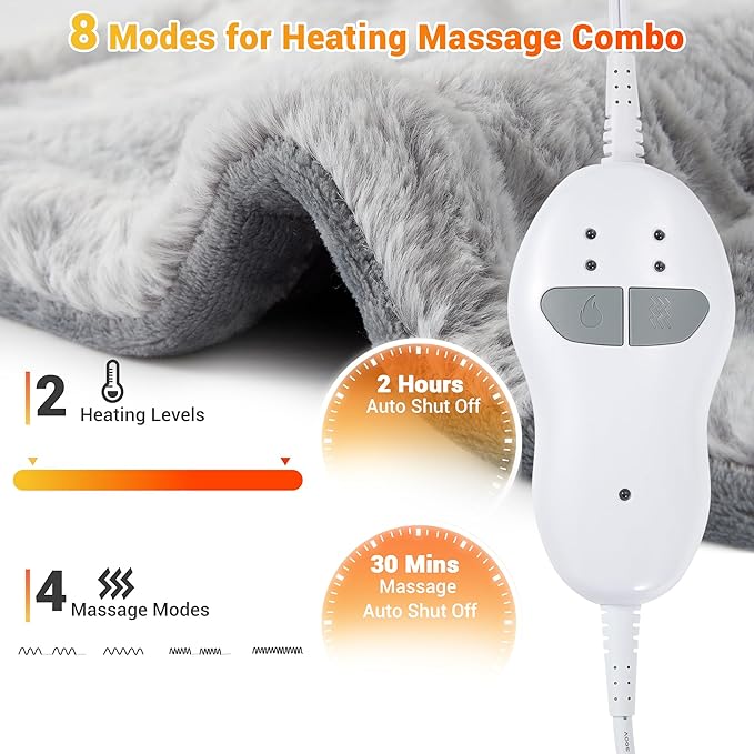 Massaging Heating Pad for Neck and Shoulders and Back, 24" x 35" Large Electric Heating Pad for Back Pain Relief with 3 Heat Levels, 4 Massage Settings, 2H Auto Shut-Off, 4 Massage Motors,Grey - Bloomnest