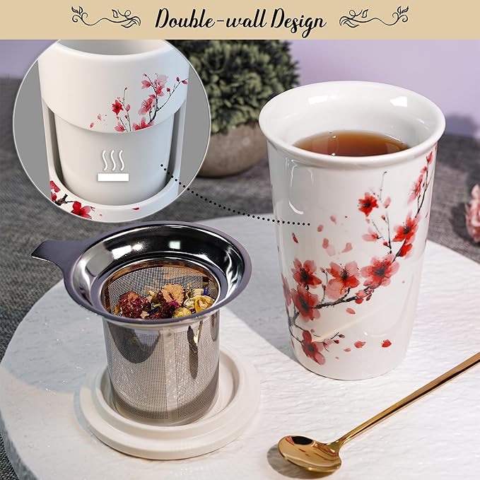 Harmoleaf Tea Gift Set for Women - 6 Herbal Loose Leaf Tea Blends, Insulated Ceramic Cup with Infuser & Lid | Birthday, Mother's Day, Anniversary & Retirement Gift for Her - Bloomnest