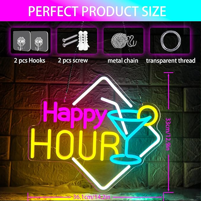 Happy Hour Neon Sign Dimmable Cocktails Happy Hour Neon Bar Sign for Home Bar Cocktails LED Neon Light for Beer Bar Pub Man Cave Restaurant Hotel Party Window Wall Decor - Bloomnest