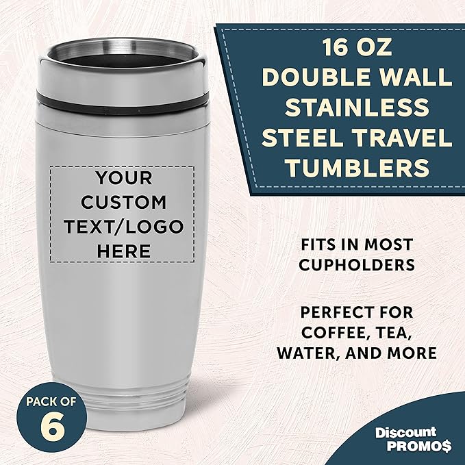 DISCOUNT PROMOS Custom Stainless Steel Tumblers 16 oz. Set of 6, Personalized Bulk Pack - Perfect for Coffee, Soda, Other Hot & Cold Beverages - Silver