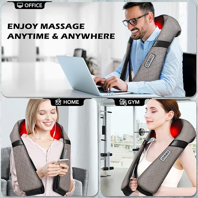 Blue Elf Shiatsu Electric Neck Back Massager Pillow 3D Kneading with Heat for Shoulder, Lower Back, Foot, Leg Muscles Pain Relief Relax in Car Office and Home (Gray)