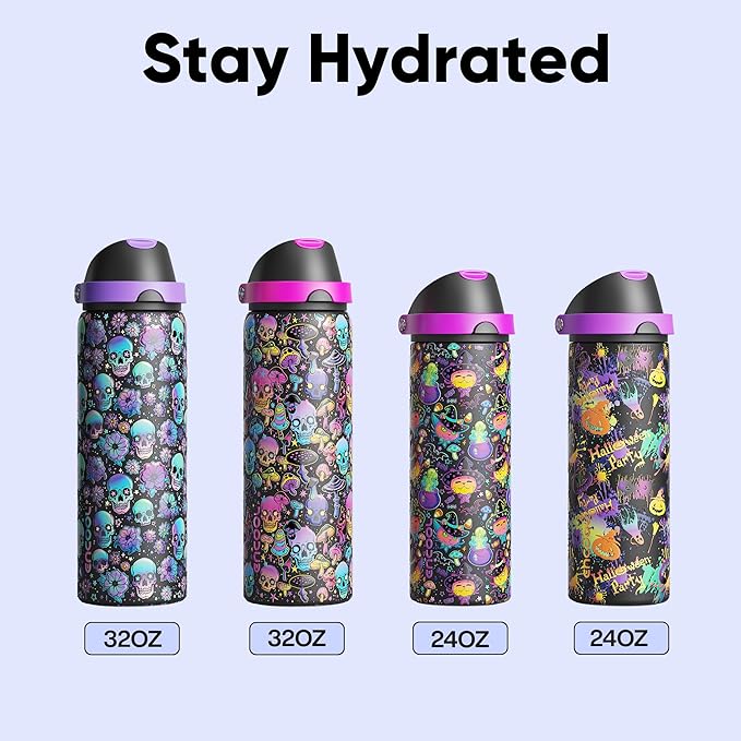 Insulated Water Bottle with Straw - Encool Stainless Steel Water Bottle with Push Button Lid, Leak-Proof & BPA-Free, Keeps Cold for 24 Hours for Sports, Travel, Gym (24 oz, Floral Afterlife) ENCOOL