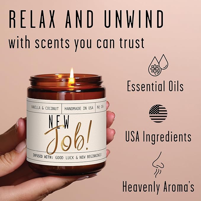 New Job Gifts for Women, Congratulations Gifts for Women - 'New Job Candle, w/Vanilla & Coconut I Job Promotion Gifts for Women I Leaving Job Gifts I Goodbye Coworker Gift I 50Hr Burn, Made in USA - Bloomnest