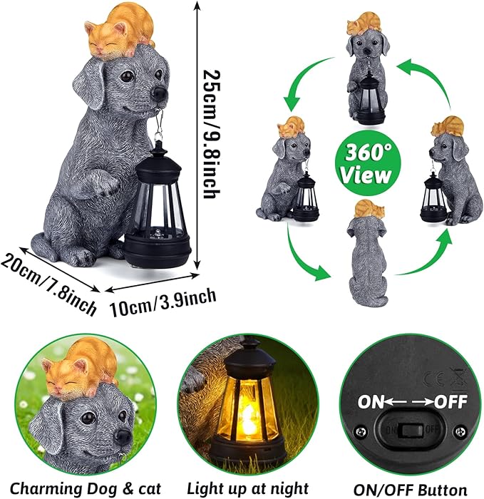 ILLUMINEW Solar Dog Garden Statue with Lantern and Sleeping Cat – Resin Pet Figurine Light for Outdoor Yard Decor, Gifts for Women, Mom, Grandma - Bloomnest