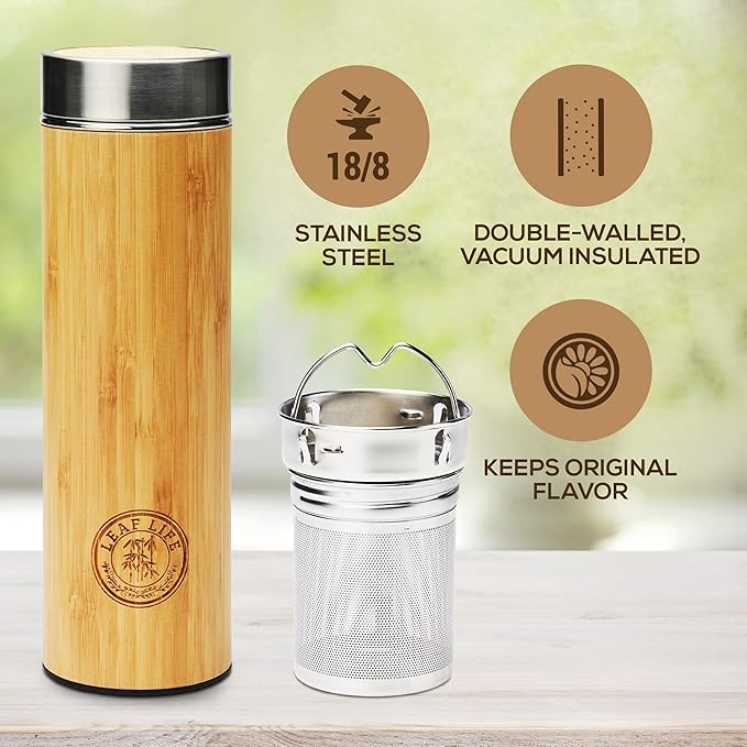 LeafLife Premium Bamboo Tea Bottle for Loose Tea - Tea Infuser Bottle - Tea Gifts - Insulated Water Bottle/Coffee Tumbler/Tea - Tea Gift Set, Tea Accessories - Tea Tumbler 17oz - Bloomnest
