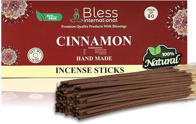 Bless-Cinnamon 100%-Natural-Handmade-Hand-Dipped-Incense-Sticks Organic-Chemicals-Charcoal-Free Purification-Relaxation-Positivity-Yoga-Meditation Best-Woods-Scent (80 Sticks (4.20 OZ)) BlessInternational
