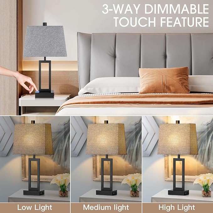 Touch Control Table Lamps Set of 2, Modern Bedside Lamps with USB A+C Ports & AC Outlet, 3 Way Dimmable Contemporary Nightstand Lamps for Bedroom Living Room Gray(LED Bulb Included) - Bloomnest