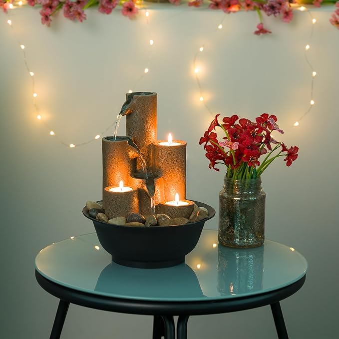 Alpine Corporation WCT202 Indoor Tabletop Tiered Water Fountain Featuring 3 Candles for Desktop and Table, 11", Brown - Bloomnest